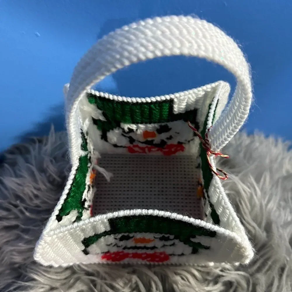 Hand Sewn Christmas Basket – White Snowman with Green Top Hat – Holiday Decor
